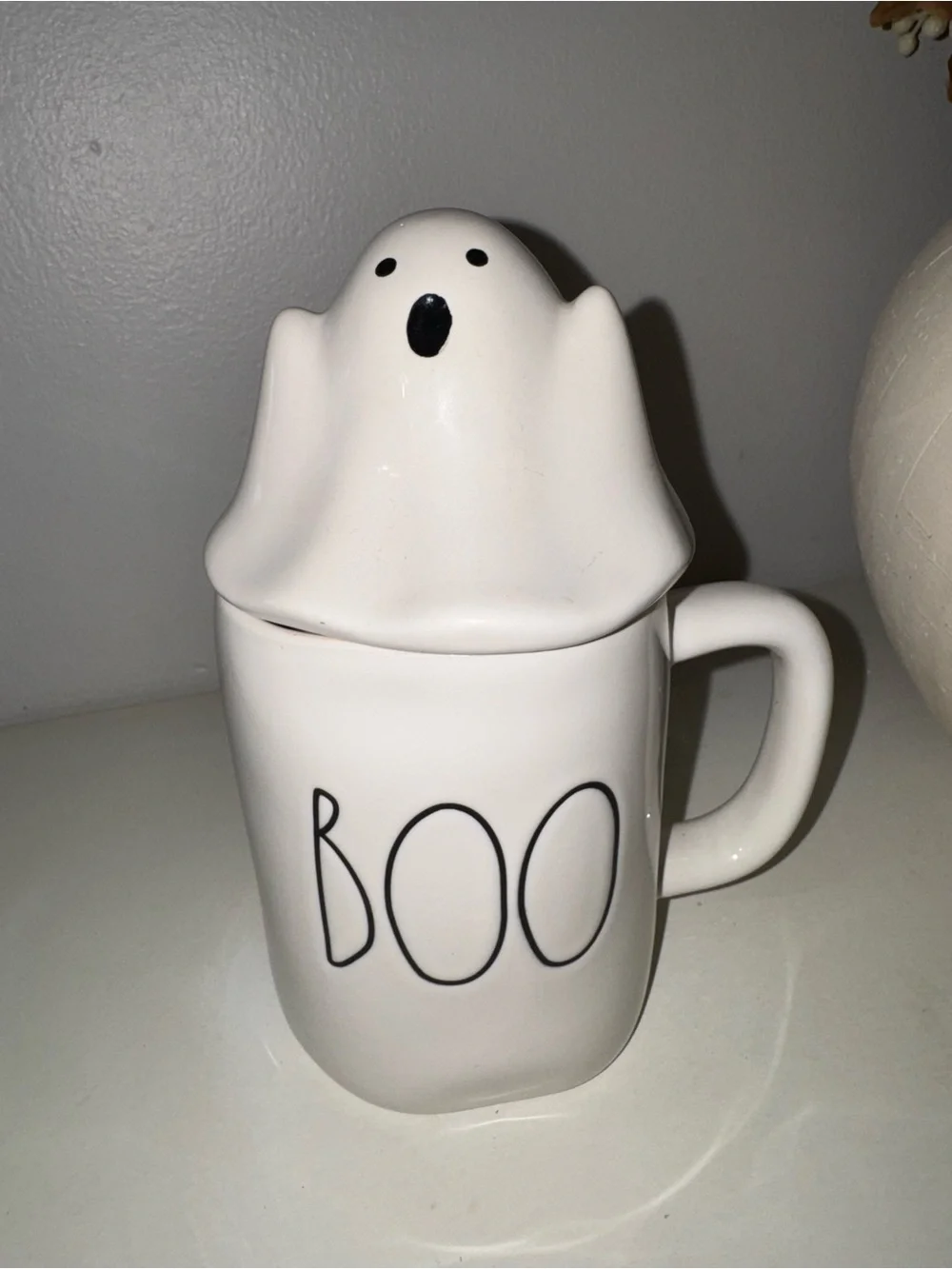 Rae Dunn White Ceramic 'BOO' Mug with Ghost Lid